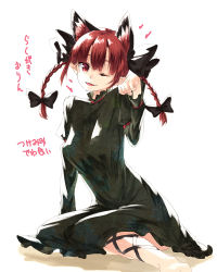 Rule 34 | 1girl, animal ears, barefoot, blush, bow, braid, cat ears, dress, extra ears, fangs, full body, hair bow, highres, ibuki notsu, kaenbyou rin, long hair, looking at viewer, one eye closed, paw pose, pointy ears, red eyes, red hair, simple background, sitting, smile, solo, touhou, translation request, twin braids, twintails, white background, wink, yokozuwari