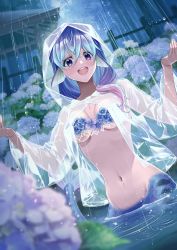 Rule 34 | 1girl, :d, blue hair, blush, body markings, breasts, cleavage, commentary request, cowboy shot, fence, fins, flower, flower bikini, forest, gradient hair, groin, hair between eyes, hair over shoulder, head fins, highres, hydrangea, ichino tomizuki, large breasts, looking at viewer, medium hair, mermaid, monster girl, multicolored hair, nature, navel, open mouth, original, outdoors, partially submerged, purple eyes, purple hair, rain, raincoat, ripples, see-through, sidelocks, smile, solo, stomach, teeth, underboob, upper teeth only, w arms, water