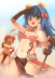 Rule 34 | 2girls, animal ears, bikini, bikini top only, blue hair, blush, bow, breasts, brown capelet, brown eyes, brown gloves, capelet, cleavage, commentary request, cowboy shot, dust, dutch angle, elbow gloves, emurin, fake animal ears, flat chest, gloves, green eyes, hair between eyes, hair bow, high ponytail, highres, holding, holding staff, hot, large breasts, long hair, looking at viewer, mage (ragnarok online), majiko (emurin), medium bangs, medium hair, midriff, monkey ears, multiple girls, navel, open mouth, pelvic curtain, pink hair, rabbit ears, ragnarok online, red bikini, red bow, red skirt, showgirl skirt, skirt, smile, staff, sweat, swimsuit