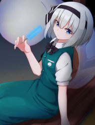 Rule 34 | 1girl, black bow, black hairband, black ribbon, blue eyes, bow, bowtie, buttons, closed mouth, collared shirt, food, green skirt, green vest, hair between eyes, hair ribbon, hairband, hitodama, holding, holding food, konpaku youmu, konpaku youmu (ghost), looking at viewer, mashiba lei, popsicle, puffy short sleeves, puffy sleeves, ribbon, shirt, short hair, short sleeves, sitting, skirt, skirt set, solo, touhou, vest, white hair, white shirt