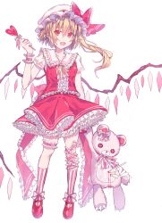 Rule 34 | 1girl, absurdres, blonde hair, bow, bowtie, breasts, candy, collarbone, collared shirt, deep (deep4946), fang, flandre scarlet, food, frilled shirt collar, frills, full body, hair between eyes, hat, heart, heart-shaped lollipop, highres, holding, holding candy, holding food, holding lollipop, holding stuffed toy, lollipop, long hair, looking at viewer, mary janes, mob cap, multicolored wings, open mouth, petticoat, puffy short sleeves, puffy sleeves, red eyes, red footwear, red skirt, red vest, shaped lollipop, shirt, shoes, short sleeves, simple background, skin fang, skirt, skirt set, small breasts, socks, solo, striped clothes, striped socks, stuffed animal, stuffed toy, teddy bear, touhou, vertical-striped clothes, vertical-striped socks, vest, white background, white hat, white shirt, wings, wrist cuffs, yellow bow, yellow bowtie