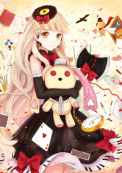 Rule 34 | 1girl, bad id, bad pixiv id, bird, book, card, doll, elbow gloves, gloves, heart, langod, letter, long hair, mayu (vocaloid), palette (object), paper airplane, piano print, playing card, pocket watch, smile, solo, stuffed animal, stuffed rabbit, stuffed toy, usano mimi, very long hair, vocaloid, watch, yellow eyes