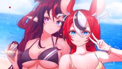 Rule 34 | 2girls, animal ears, beach, bikini, blue eyes, bracelet, breasts, can, drink can, hakos baelz, highres, hololive, hololive english, horns, irys (hololive), jewelry, long hair, medium breasts, mouse ears, multiple girls, ocean, pointy ears, purple eyes, purple hair, red hair, signature, sk jynx, smile, soda can, swimsuit, v, viewfinder, virtual youtuber