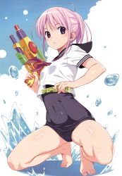 Rule 34 | 1girl, absurdres, barefoot, breasts, covered navel, dual wielding, feet, full body, gun, highres, holding, holding gun, holding weapon, koutaro, old school swimsuit, one-piece swimsuit, parted lips, pink eyes, pink hair, scan, school swimsuit, school uniform, serafuku, short sleeves, small breasts, solo, splashing, squatting, swimsuit, swimsuit under clothes, toes, water, water gun, weapon