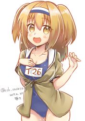 Rule 34 | 10s, 1girl, 2017, :d, blush, breasts, brown eyes, collarbone, dated, hairband, hand on own chest, i-26 (kancolle), kantai collection, large breasts, light brown hair, long hair, looking at viewer, name tag, new school swimsuit, one-piece swimsuit, open clothes, open mouth, sailor collar, school swimsuit, short sleeves, smile, solo, ssk sasasa, swimsuit, swimsuit under clothes, twitter username, two-tone hairband, two side up, white background, zipper