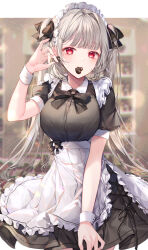 Rule 34 | 1girl, absurdres, apron, black bow, black dress, blurry, blurry background, bow, breasts, candy, chocolate, chocolate heart, collared dress, commentary request, depth of field, dress, food, food in mouth, frilled apron, frills, grey hair, hair intakes, hand up, heart, highres, long hair, looking at viewer, maid, maid headdress, medium breasts, mouth hold, original, puffy short sleeves, puffy sleeves, red eyes, short sleeves, sidelocks, solo, taya oco, twintails, very long hair, white apron