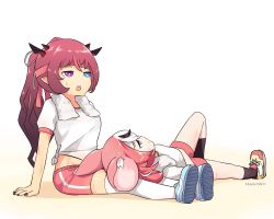 Rule 34 | 2girls, absurdres, animal ears, blue eyes, gym shirt, gym shorts, gym uniform, hakos baelz, heterochromia, highres, hololive, hololive english, horns, irys (hololive), lap pillow, long hair, mouse ears, multicolored hair, multiple girls, namiorii, open mouth, pointy ears, purple eyes, purple hair, red hair, shirt, short shorts, shorts, virtual youtuber