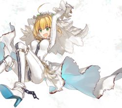 Rule 34 | 10s, 1girl, :d, arms up, ass, bad id, bad pixiv id, blonde hair, bodysuit, breasts, bridal veil, chocoan, fate/extra, fate/extra ccc, fate/grand order, fate (series), gloves, green eyes, high heels, nero claudius (bride) (fate), nero claudius (fate), nero claudius (fate), open mouth, simple background, smile, solo, veil, white background