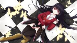 Rule 34 | 1girl, black hair, black thighhighs, boots, breasts, bug, butterfly, checkered floor, floor, garter straps, highres, insect, kirimoti34, large breasts, long hair, lucifer (umineko), lying, md5 mismatch, necktie, no naku koro ni (series), on back, pink necktie, red eyes, resolution mismatch, ryuukishi07, solo, source larger, stake, stakes of purgatory, thigh gap, thighhighs, thighs, umineko no naku koro ni