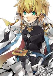 Rule 34 | 1boy, 77 degrees, armor, blonde hair, buckle, chung seiker, deadly chaser (elsword), elsword, gloves, green eyes, hair flaps, male focus, solo, spiked hair, white background