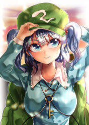 Rule 34 | 1girl, absurdres, backpack, bag, blouse, blue eyes, blue hair, blue shirt, blunt bangs, breasts, closed mouth, collared shirt, commentary request, flat cap, frilled shirt collar, frills, green bag, green hat, hair bobbles, hair ornament, hand on headwear, hat, highres, kawashiro nitori, key, long sleeves, looking at viewer, mahoro (minase mahoro), medium breasts, medium hair, shirt, smile, solo, touhou, twintails, upper body