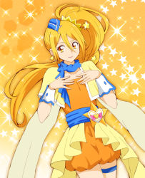 Rule 34 | 1girl, blonde hair, blue neckwear, capelet, closed mouth, collarbone, cowboy shot, cure etoile, dress, dutch angle, earrings, floating hair, hair between eyes, hair ornament, highres, hugtto! precure, jewelry, kagayaki homare, koroni (nkrgs), long hair, looking at viewer, looking to the side, orange dress, precure, short dress, side ponytail, smile, solo, standing, star (symbol), star earrings, star hair ornament, thigh strap, very long hair, wrist cuffs, yellow background, yellow capelet, yellow eyes