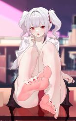 Rule 34 | 1girl, absurdres, barefoot, breasts, chips (artist), cleavage, feet, grey hair, highres, light blush, long hair, looking at viewer, medium breasts, nail polish, open mouth, panties, pantyshot, red eyes, soles, solo, toes, twintails, underwear
