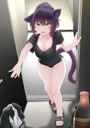Rule 34 | 1girl, absurdres, animal ears, arknights, bare legs, black gloves, black shirt, black shorts, bottle, breasts, cat ears, cat tail, cleavage, collarbone, commentary, dolphin shorts, english commentary, fang, feet, flip-flops, gloves, green eyes, highres, holding, holding bottle, jessica (arknights), k0ng, looking at viewer, medium breasts, micro shorts, open mouth, purple hair, sandals, shirt, short hair, short sleeves, shorts, skin fang, solo focus, standing, sweat, tail, thighs