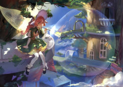 Rule 34 | 1girl, blush, blowing bubbles, dress, fairy, fairy wings, green eyes, hat, long hair, mary janes, md5 mismatch, original, pantyhose, pointy ears, red hair, resolution mismatch, rifsom, shoes, solo, source smaller, striped clothes, striped legwear, striped pantyhose, tree, vertical-striped clothes, vertical-striped legwear, vertical-striped pantyhose, wings