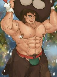 Rule 34 | 1boy, abs, animal costume, bara, bear costume, brown hair, cosplay, cowboy shot, edging underwear, fate/grand order, fate (series), green male underwear, highres, huge eyebrows, jockstrap, large pectorals, looking at viewer, male focus, male underwear, mature male, muscular, muscular male, nanman shi, navel, navel hair, nipple piercing, nipple rings, orion (bear) (fate), orion (bear) (fate) (cosplay), pectorals, piercing, removing mask, short hair, solo, stomach, strongman waist, super orion (fate), sweat, topless male, underwear, very sweaty
