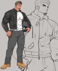 Rule 34 | 1boy, bara, boots, carrying, carrying under arm, dark-skinned male, dark skin, facial hair, full body, goatee stubble, grey pants, head tilt, helmet, highres, jacket, large pectorals, leather, leather jacket, looking to the side, male focus, motorcycle helmet, muscular, muscular male, open clothes, open jacket, original, pants, pectorals, projected inset, shirt, short hair, sideburns, sideburns stubble, sideways glance, solo, standing, stubble, t-shirt, thick eyebrows, youchi123