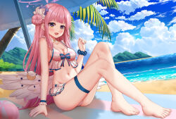Rule 34 | 1girl, arm support, ball, barefoot, beach, beach towel, beach umbrella, beachball, bikini, blue archive, blue bow, blunt bangs, blush, bow, breasts, cloud, cloudy sky, collarbone, day, eyelashes, feathered wings, feet, frilled bikini, frills, hair bun, hand up, highres, knees up, legs, long hair, looking at viewer, low wings, medium breasts, mika (blue archive), nail polish, navel, one side up, open mouth, outdoors, palm tree, pink bikini, pink bow, pink hair, pink nails, scrunchie, shadow, sidelocks, single side bun, skindentation, sky, skym (kumei), solo, swimsuit, thigh strap, toenail polish, toenails, toes, towel, tree, two-tone bikini, umbrella, white bikini, white wings, wings, wrist scrunchie, yellow eyes