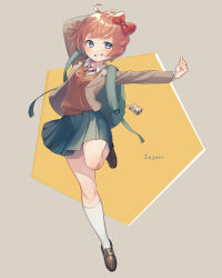 Rule 34 | 1girl, animal charm, backpack, bag, bag charm, bandaid, blazer, blue eyes, blue skirt, blush, bow, brown footwear, brown jacket, character name, charm (object), doki doki literature club, grin, highres, jacket, kneehighs, multicolored background, open clothes, open jacket, orange sweater, pink hair, red bow, sayori (doki doki literature club), school uniform, shifumame, shirt, shoes, short hair, skirt, smile, socks, solo, standing, standing on one leg, sweatdrop, sweater, white shirt, white socks