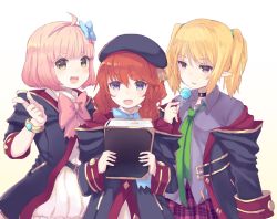 Rule 34 | 3girls, bad id, bad twitter id, beret, blonde hair, book, brown hair, candy, cape, commentary request, food, hat, headband, hood, hooded coat, lollipop, long hair, looking at viewer, multiple girls, necktie, nekomo, open mouth, pink hair, pointy ears, princess connect!, purple eyes, ribbon, school uniform, short hair, simple background, white background, yellow eyes, yuni (princess connect!)