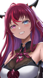 Rule 34 | absurdres, ahoge, bare shoulders, blue eyes, breasts, cleavage, from below, grin, heterochromia, high collar, highres, hololive, hololive english, horns, irys (hololive), irys (irys 1.0) (hololive), kenxken, lace trim, large breasts, light blush, long hair, looking at viewer, multicolored hair, pointy ears, purple eyes, purple hair, see-through, simple background, smile, streaked hair, upper body, virtual youtuber, white background