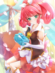 Rule 34 | 1girl, bento, boots, breasts, brooch, chair, cherry blossoms, clear glass (mildmild1311), cure mirage, day, elbow gloves, gloves, grass, hair ornament, happinesscharge precure!, heart, heart brooch, heart hair ornament, highres, jewelry, knee boots, layered skirt, magical girl, outdoors, pink hair, pink skirt, popped collar, precure, queen mirage, short hair, sitting, skirt, small breasts, smile, solo, white gloves
