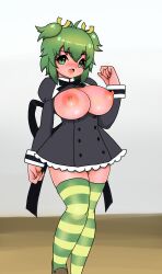 Rule 34 | 1girl, antenna hair, arm at side, assault lily, black ribbon, blush, breasts, breasts out, brown footwear, cleavage, commentary request, eisen (user adnx4572), feet out of frame, frilled skirt, frills, gradient background, green eyes, green hair, green thighhighs, grey background, hair between eyes, hair ribbon, hand up, high-waist skirt, highres, juliet sleeves, large breasts, long sleeves, looking at viewer, miniskirt, multicolored thighhighs, neck ribbon, nipples, no bra, nose blush, open mouth, puffy sleeves, ribbon, school uniform, shoes, short hair, skirt, solo, standing, striped clothes, striped thighhighs, thighhighs, two side up, yellow ribbon, yellow thighhighs, yoshimura thi mai, yurigaoka girls academy school uniform, zettai ryouiki