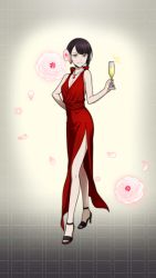 Rule 34 | 10s, 1girl, alcohol, breasts, brown eyes, brown hair, bungou stray dogs, champagne, cleavage, dress, earrings, feet, flower, hair flower, hair ornament, highres, jewelry, looking at viewer, necklace, smile, toes, yosano akiko (bungou stray dogs)