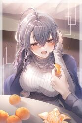 Rule 34 | 1boy, 1girl, :d, ahoge, backlighting, bed, black shirt, black skirt, blue cape, blush, breasts, brown eyes, buttoned cuffs, cape, crossed bangs, feeding, food, fruit, grey hair, hair between eyes, hand on own head, highres, holding, holding food, large breasts, mandarin orange, medium hair, mole, mole under mouth, on floor, open mouth, original, out of frame, shikino yuki, shirt, skirt, smile, striped clothes, striped sweater, sweater, table, white sweater, wooden floor