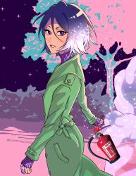 Rule 34 | 1girl, absurdres, black hair, bleach, bleach: sennen kessen-hen, coat, commentary, cowboy shot, english commentary, eyelashes, fire extinguisher, floppydisk7000, green coat, hair between eyes, highres, kuchiki rukia, long sleeves, looking at viewer, night, nose, open mouth, outdoors, purple eyes, short eyebrows, short hair, smile, snow, solo, standing, steam, tree, twitter username