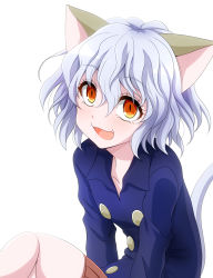 Rule 34 | 1girl, androgynous, animal ears, blush, cat ears, cat girl, cat tail, curly hair, doll joints, fang, highres, hunter x hunter, joints, looking at viewer, neferpitou, open mouth, orange eyes, other focus, short hair, simple background, smile, solo, tail, watarui, white background