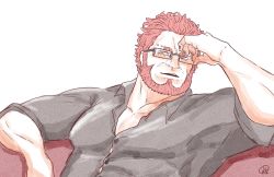 Rule 34 | 1boy, bespectacled, bursting pectorals, casual, collared shirt, contemporary, fate/grand order, fate (series), glasses, highres, iskandar (fate), karasu 18-go, large pectorals, male focus, mature male, muscular, muscular male, partially unbuttoned, pectoral cleavage, pectorals, shirt, short hair, solo, tight clothes, tight shirt, upper body