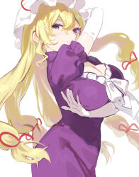 1girl arm_under_breasts blonde_hair breasts cleavage dress ear_piercing elbow_gloves frills gloves hair_between_eyes hat highres large_breasts light_smile long_hair looking_at_viewer mob_cap piercing purple_dress purple_eyes ribbon short_sleeves solo teruteru_(teru_teru) touhou white_background white_gloves yakumo_yukari