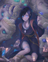 Rule 34 | 1girl, absurdres, andretown, bandaged leg, bandages, black hair, blue eyes, blue robe, elden ring, gem, highres, jewelry, looking at viewer, medium hair, necklace, robe, school of graven mages, sitting, smile, solo, sorceress sellen, thighs