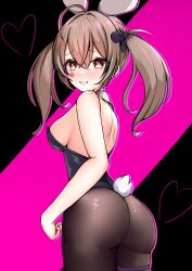 Rule 34 | 1girl, absurdres, alternate costume, animal ears, ass, back, black background, black ribbon, breasts, brown eyes, brown hair, brown pantyhose, crossed bangs, detached collar, drawn heart, fake tail, grin, hair between eyes, hair ribbon, heart, heart in eye, highres, hololive, hololive english, leotard, looking at viewer, medium breasts, nanashi mumei, panpanmc4, pantyhose, pink background, playboy bunny, rabbit ears, rabbit hole (vocaloid), rabbit tail, ribbon, sideboob, smile, solo, strapless, strapless leotard, symbol in eye, tail, twintails, two-tone background, virtual youtuber