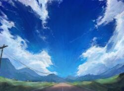 Rule 34 | blue sky, cloud, cloudy sky, commentary request, day, field, grass, highres, mountainous horizon, no humans, original, outdoors, painting (medium), power lines, road, scenery, sky, traditional media, utility pole, watercolor (medium), xian ovo