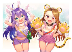 Rule 34 | 2girls, :d, animal ears, animal hands, aqua eyes, arms up, bare shoulders, brown hair, claw pose, collar, commentary, fake animal ears, fangs, fur collar, gloves, hair between eyes, hands up, highres, hood, hood down, idolmaster, idolmaster (classic), idolmaster million live!, long hair, looking at viewer, minase iori, mochizuki anna, multiple girls, name tag, navel, open mouth, paw gloves, pink shorts, pink tank top, purple hair, purple shorts, rabbit ears, rabbit pose, rabbit tail, red eyes, shennai misha, short shorts, shorts, smile, studded collar, symbol-only commentary, tail, tank top, thigh gap, tiger ears, tiger tail, v-shaped eyebrows, white gloves