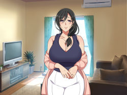 Rule 34 | (zenpen) kanojo no mama no yuiko-san, 1girl, air conditioner, bare shoulders, black hair, blush, botamochi, breasts, cleavage, couch, cowboy shot, day, female focus, hair over shoulder, happy, highres, indoors, jacket, jewelry, large breasts, light blush, long hair, looking at viewer, low-tied long hair, mole, mole under eye, off-shoulder jacket, off shoulder, original, own hands together, pillow, plant, purple eyes, ring, smile, solo, standing, sunlight, television, wedding band, window