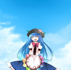 Rule 34 | 1girl, :d, ^ ^, arms behind back, blue sky, bow, bowtie, commentary request, day, closed eyes, food, fruit, hammer (sunset beach), happy, hat, highres, hinanawi tenshi, open mouth, peach, skirt, sky, smile, solo, touhou
