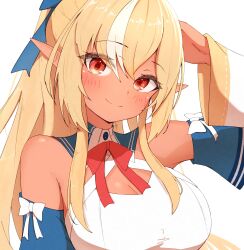 Rule 34 | 1girl, absurdres, bare shoulders, blonde hair, blue ribbon, blush, bow, breasts, cleavage, closed mouth, dark-skinned female, dark skin, detached sleeves, dress, elf, hair ornament, hair ribbon, hand on own head, highres, hololive, large breasts, long hair, long sleeves, looking at viewer, multicolored hair, neck ribbon, pointy ears, ponytail, red eyes, red ribbon, ribbon, sen (sen42724788), shiranui flare, shiranui flare (1st costume), simple background, smile, solo, streaked hair, virtual youtuber, white background, white bow, white dress, white hair