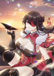 Rule 34 | 1girl, absurdres, beidou (genshin impact), black gloves, black hair, black thighhighs, boots, breasts, chinese clothes, cleavage, cup, earrings, eyepatch, fingerless gloves, fur trim, genshin impact, gloves, hair blowing, hair ornament, hair stick, hairpin, highres, holding, holding cup, jewelry, large breasts, light particles, linreplica, long hair, looking at viewer, one eye covered, parted lips, pelvic curtain, red eyes, sakazuki, signature, sitting, smile, solo, sunset, thigh boots, thighhighs, thighs, vision (genshin impact)
