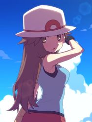 Rule 34 | 1girl, :o, agata (agatha), arm up, bare shoulders, blue sky, breasts, brown eyes, brown hair, cloud, creatures (company), day, from side, game freak, hat, leaf (pokemon), long hair, looking back, medium breasts, nintendo, open mouth, outdoors, pokemon, pokemon frlg, red skirt, shirt, skirt, sky, sleeveless, sleeveless shirt, solo, sun hat, wristband