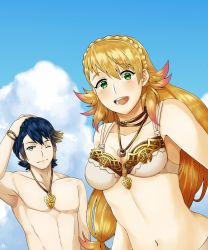 Rule 34 | 1boy, 1girl, alfonse (fire emblem), bare pectorals, bikini, blonde hair, blue eyes, blue hair, braid, breasts, brother and sister, cleavage, cloud, cloudy sky, day, fire emblem, fire emblem heroes, green eyes, hand on own head, highres, jewelry, long hair, looking at viewer, maji (majibomber), medium breasts, midriff, multicolored hair, navel, necklace, nintendo, one eye closed, open mouth, pectorals, pink hair, sharena (fire emblem), short hair, siblings, sky, smile, swimsuit, upper body, wristband