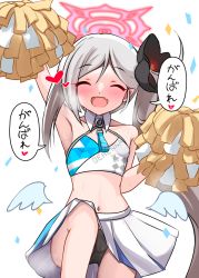Rule 34 | 1girl, :d, ^ ^, alternate costume, arm up, armpits, black panties, blue archive, blush, cheerleader, closed eyes, collarbone, commentary request, confetti, detached collar, detached wings, fake wings, grey hair, halo, heart, highres, holding, holding pom poms, leg up, long hair, looking at viewer, mamiyahara hitoshige, mutsuki (blue archive), navel, open mouth, panties, pantyshot, parted bangs, pleated skirt, pointy ears, pom pom (cheerleading), pom poms, side ponytail, sidelocks, simple background, skirt, sleeveless, smile, solo, speech bubble, standing, standing on one leg, stomach, sweat, translation request, underwear, white background, wings