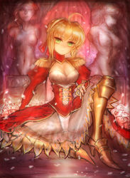 Rule 34 | 10s, 1girl, ahoge, armor, blonde hair, breasts, dress, epaulettes, fate/extra, fate (series), girlsay, greaves, green eyes, highres, medium breasts, nero claudius (fate), nero claudius (fate) (all), nero claudius (fate/extra), red dress, revision, see-through, solo, statue