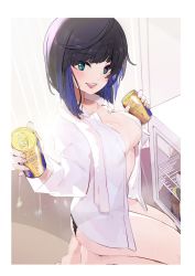 Rule 34 | 1girl, :d, ass, bare legs, barefoot, beer can, black hair, black panties, blue hair, breasts, can, cleavage, collared shirt, commentary request, dress shirt, drink can, genshin impact, green eyes, highres, holding, holding can, kneeling, looking at viewer, looking to the side, medium breasts, multicolored hair, no bra, open clothes, open mouth, open shirt, panties, refrigerator, see-through, shadowsinking, shirt, smile, solo, streaked hair, teeth, towel, towel around neck, underwear, upper teeth only, white shirt, yelan (genshin impact)