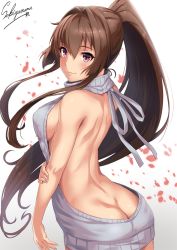 Rule 34 | 10s, 1girl, alternate costume, artist name, ass, backless dress, backless outfit, bad id, bad twitter id, bare back, blush, breasts, brown hair, butt crack, cherry blossoms, dress, female focus, fingernails, from behind, gradient background, grey sweater, hair between eyes, hair intakes, halter dress, halterneck, kantai collection, large breasts, lips, long hair, looking at viewer, meme attire, no panties, pink eyes, ponytail, ribbed sweater, sakiyamama, sideboob, simple background, smile, solo, sweater, turtleneck, upper body, very long hair, virgin killer sweater, yamato (kancolle)