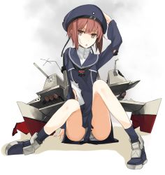 Rule 34 | 10s, 1girl, :o, brown eyes, brown hair, clothes writing, hand on headwear, hat, highres, kantai collection, looking at viewer, miruto netsuki, open mouth, panties, pantyshot, personification, sailor collar, sailor hat, short hair, sitting, solo, spread legs, sweatdrop, torn clothes, underwear, white panties, z3 max schultz (kancolle)