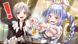 Rule 34 | !, 2girls, animal ear fluff, animal ears, apron, arm cuffs, artist name, black dress, black leotard, blue hair, blush, braid, breasts, bubble, cleavage, commentary, cooking, cracking egg, crossover, dress, egg yolk, eggshell, eyelashes, flower, food, food on face, food on hair, frying pan, fur scarf, hair flower, hair ornament, hair ribbon, hand to own mouth, hikosan, hololive, leotard, light blue hair, long hair, metal gear (series), metal gear solid 4: guns of the patriots, multicolored hair, multiple girls, off-shoulder dress, off shoulder, open mouth, parted bangs, playboy bunny, rabbit ears, red eyes, ribbon, short hair, signature, small breasts, smile, sparkle, steam, sunny gurlukovich, teeth, thick eyebrows, tress ribbon, twin braids, twintails, two-tone hair, upper body, usada pekora, usada pekora (1st costume), virtual youtuber, white dress, white hair, wrist cuffs, yellow eyes