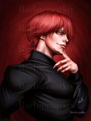 Rule 34 | 1boy, barbieraatko, black shirt, fingernails, hand on own face, highres, hisoka morow, hunter x hunter, large pectorals, male focus, muscular, muscular male, pectorals, profile, red background, red hair, sharp fingernails, shirt, signature, smile, solo, upper body, watermark, yellow eyes